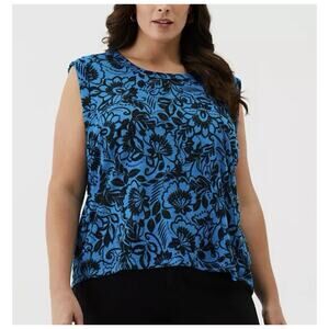Ella Rafaella Plus Size Eco Floral Print Blue Cuffed Sleeveless Tank Size 1X